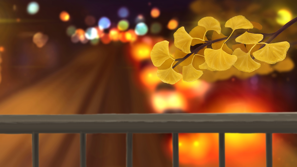 从过街天桥上看夜晚的街道，天桥旁有几根银杏树的枝条